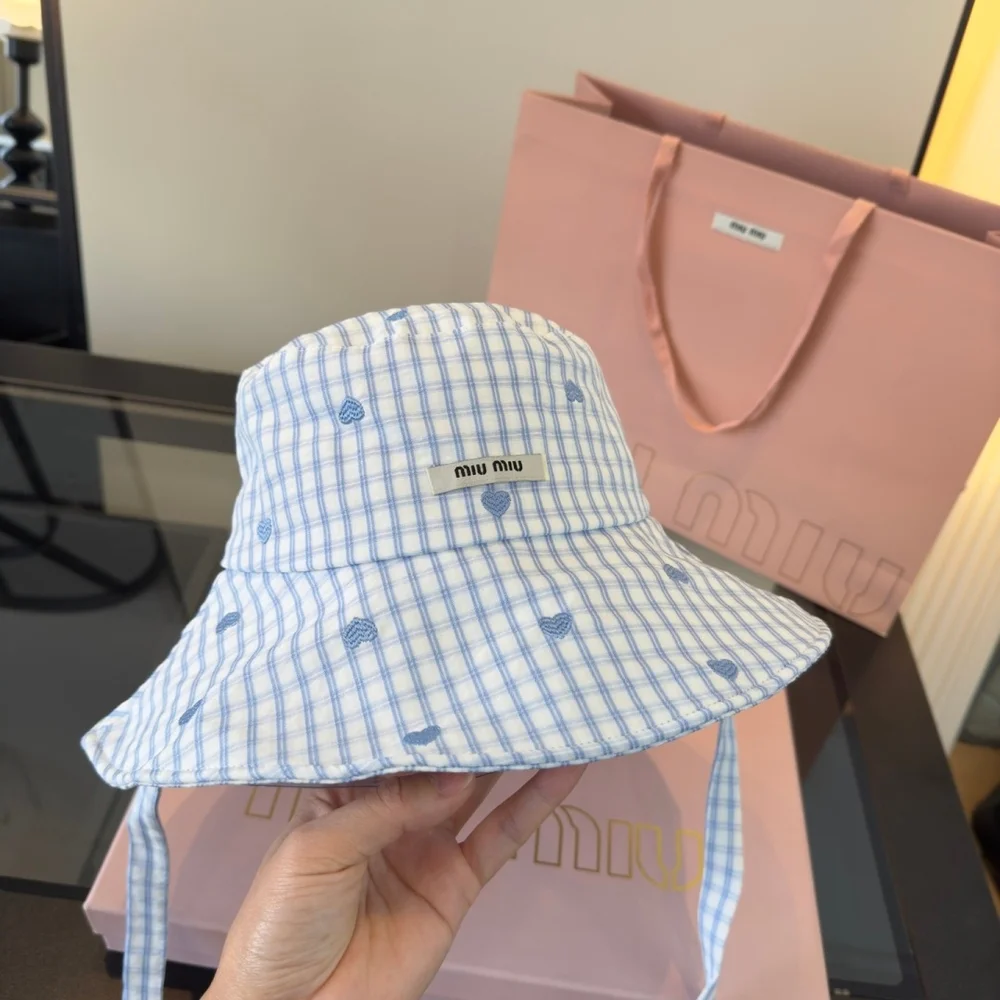 Miu Miu Blue White Gingham Heart Embroidery Bucket Hat